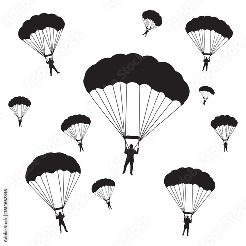 Black and white illustration of parachutes and skydivers floating against white background.