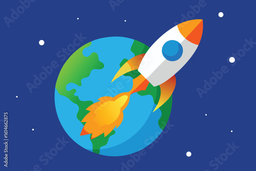 Rocket launching from earth into outer space with stars
