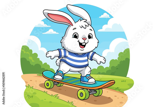 Cute Rabbit Character Skateboarding in Park Cartoon Illustration