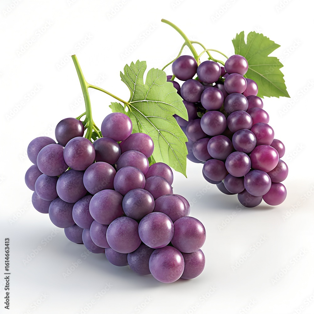Fototapeta premium Two bunches of purple grapes with green leaves fruit