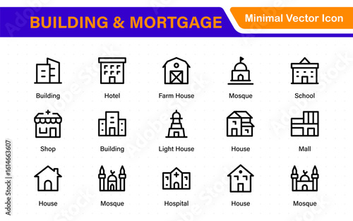 Building and Mortgage icon set. Includes house, real estate, bank, mortgage contract, property loan, home insurance, and foreclosure icons. Solid vector icon collection.