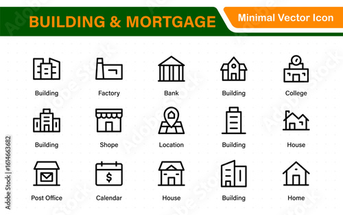Building and Mortgage icon set. Includes house, real estate, bank, mortgage contract, property loan, home insurance, and foreclosure icons. Solid vector icon collection.