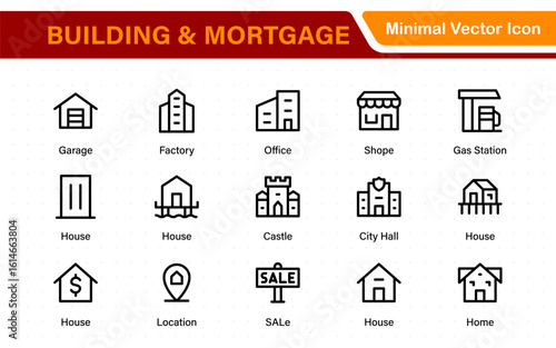 Building and Mortgage icon set. Includes house, real estate, bank, mortgage contract, property loan, home insurance, and foreclosure icons. Solid vector icon collection.