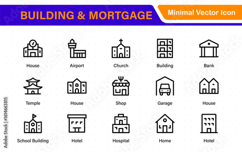 Building and Mortgage icon set. Includes house, real estate, bank, mortgage contract, property loan, home insurance, and foreclosure icons. Solid vector icon collection.