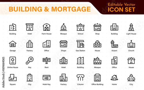 Building and Mortgage icon set. Includes house, real estate, bank, mortgage contract, property loan, home insurance, and foreclosure icons. Solid vector icon collection.