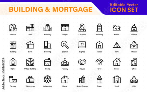 Building and Mortgage icon set. Includes house, real estate, bank, mortgage contract, property loan, home insurance, and foreclosure icons. Solid vector icon collection.