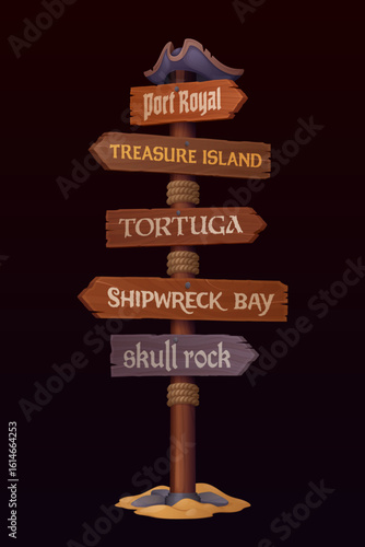 Pirate and corsair signboard, piracy wooden signage cartoon post with arrow sign boards and filibuster captain hat. Vector pirate game UI or corsair party signboard with treasure island direction