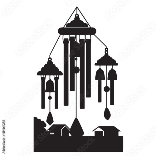 Decorative wind chimes design silhouette with village houses below in clean black and white aesthetic