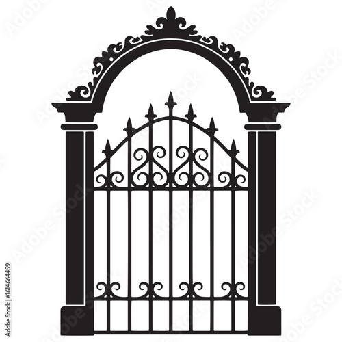 Elegant silhouette of a detailed gothic archway and ornate wrought iron gate design