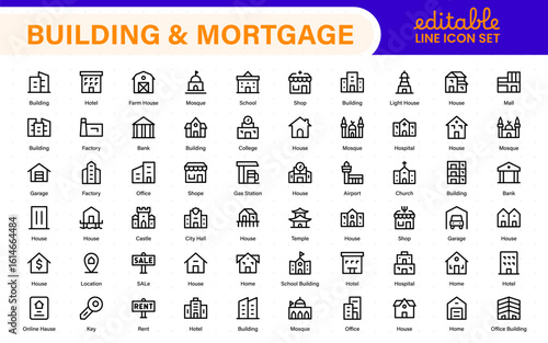 Building and Mortgage icon set. Includes house, real estate, bank, mortgage contract, property loan, home insurance, and foreclosure icons. Solid vector icon collection.