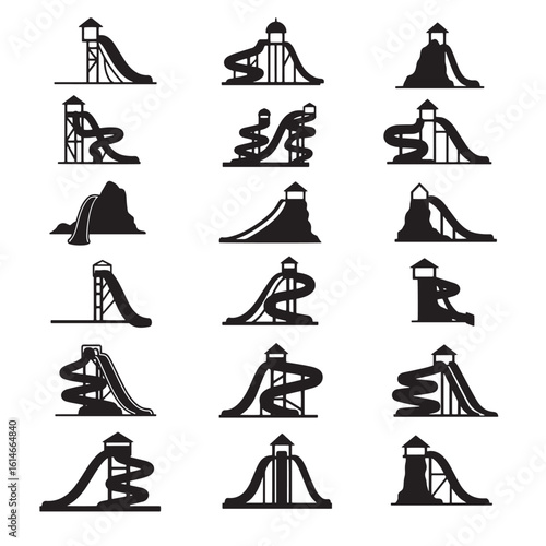 Set of water park slides silhouettes in various shapes and designs for summer fun