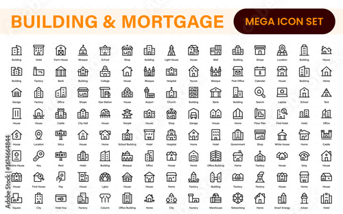 Building and Mortgage icon set. Includes house, real estate, bank, mortgage contract, property loan, home insurance, and foreclosure icons. Solid vector icon collection.