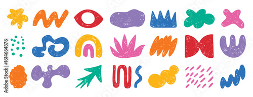 colorful doodle abstract shapes. Naive elements noisy drawing texture. Abstract creative figure, grunge brushes. silhouette trendy quirky graphic
