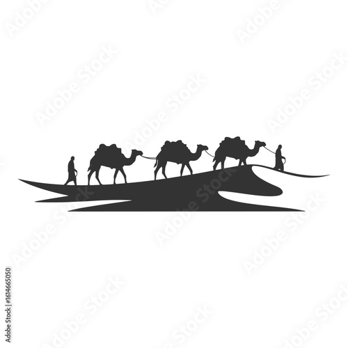 Silhouette illustration of a caravan of camels traversing desert sand dunes