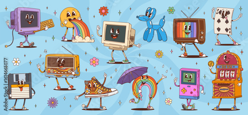 Cartoon retro groovy characters with funny psychedelic faces, vector comic emoji. Groovy smile with rainbow vomit, poker or casino slot machine, happy balloon dog character and retro radio with shoe