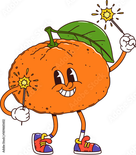 Groovy Christmas tangerine character with sparkler for winter holiday, cartoon vector. Funny groovy tangerine or mandarin fruit with happy face celebrating Christmas or New Year for greetings