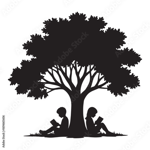 Silhouette of a large tree with children reading books beneath its shady branches