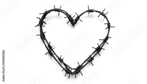 A heart-shaped frame made of barbed wire on a white background