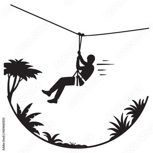 Silhouette of a person ziplining through a tropical jungle landscape adventure activity