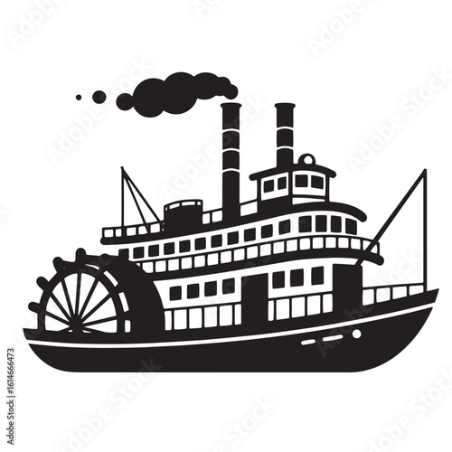 Vintage black and white paddle steamboat illustration depicting river transportation icon
