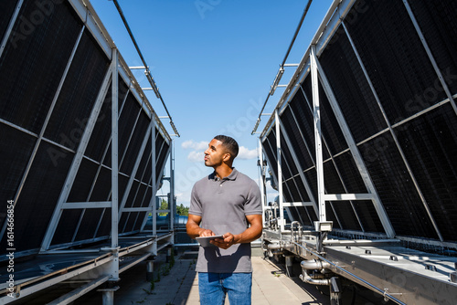 Employee with digital tablet checking refrigeration installation on rooftop