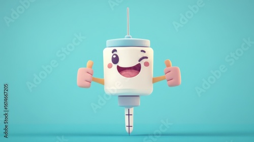 Cute cartoon syringe character smiling with big eyes and a cheerful face on a white background