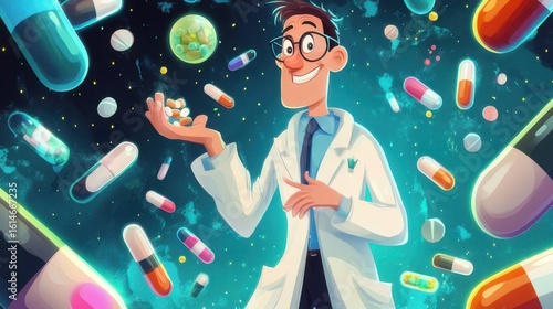 Cute cartoon syringe character smiling with big eyes and a cheerful face on a white background