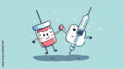 Cute cartoon syringe character smiling with big eyes and a cheerful face on a white background