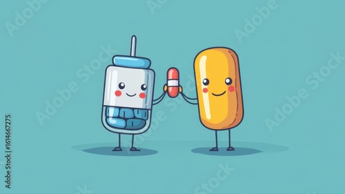 Cute cartoon syringe character smiling with big eyes and a cheerful face on a white background