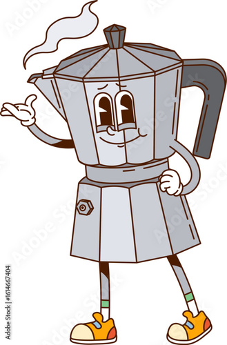Hippie groovy coffee moka pot cute character. Italian classic coffeemaker funny groovy vector character, cheerful retro Y2K personage. Moka pot happy hippie character or isolated cute funky mascot