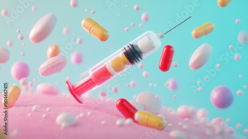 Cute cartoon syringe character smiling with big eyes and a cheerful face on a white background