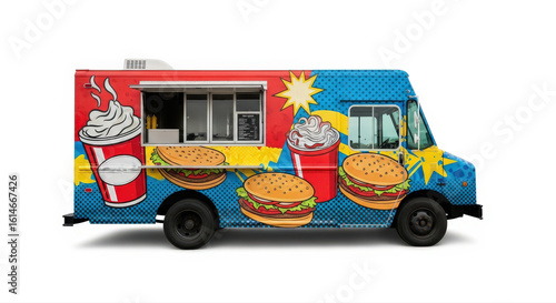 side view of fast food truck with burger and soda comic wrap on white background