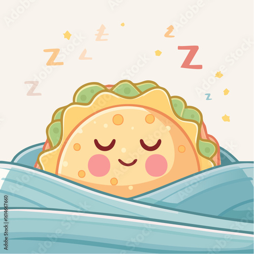 A sleepy taco snoozes in its tortilla blanket, radiating calm and cozy food humor.