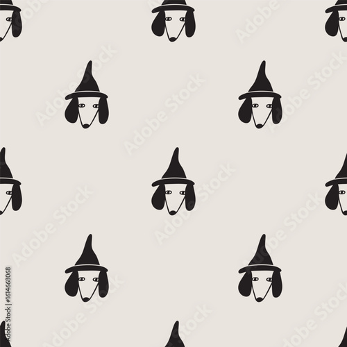 Halloween seamless pattern. Dog wearing witch hat. Illustration. Hand drawn design on grey background.