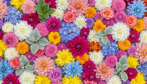 Fototapeta Naklejka Na Ścianę i Meble -  Stunning floral arrangement with a bright palette of multicolored blooms, combining different textures and layers of petals for a rich visual display.