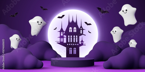 Halloween podium stand with flying funny ghosts and dark castle at purple sky and moon vector background. Cute Halloween ghosts and bats 3d characters flying around display stand, podium or stage