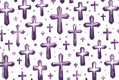 Hand-drawn purple Christian cross seamless vector pattern for religion and faith.