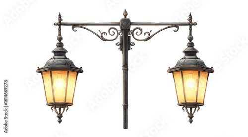 Ornate street lamps, two vintage lanterns, illuminated