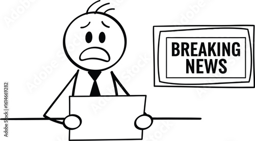 Stick figure breaking news sad man news report breaking news update news anchor bad news media coverage