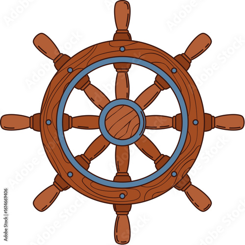 Cartoon groovy ship steering wheel pirate and corsair maritime sailing object commands the vessel course. Isolated vector wooden retro boat helm with wood spokes, vintage, circular nautical rudder