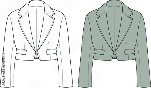 Cropped blazer jacket fashion flat sketch, women’s tailored outerwear with notched lapel and flap pockets, vector illustration, green design