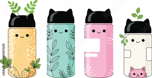Cute kawaii cat bottles illustration vector graphic design adorable animal water bottle plant leaves drawing