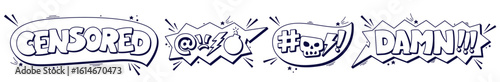 Set of black and white swear speech bubbles with words censored, damn and tiny details around.