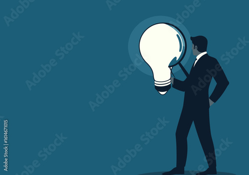 Businessman examining large lightbulb idea with magnifying glass concept for innovation analysis and creative thinking in flat vector style illustration