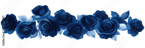 Navy blue watercolor roses floral bouquet with petals and leaves seamless horizontal border decoration for elegant design and invitations