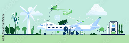 Electric airplane charging at renewable energy station with wind turbines and green landscape eco transportation concept flat vector illustration