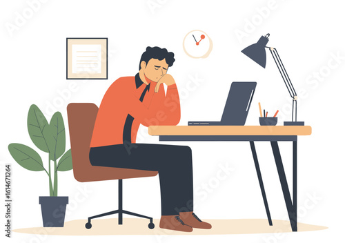 Exhausted businessman sitting at office desk with laptop resting head on hand feeling tired and burnout at work in minimalist flat vector style