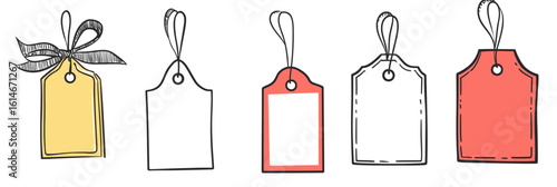 Set of five hand drawn price tags and gift labels with ribbons and blank spaces in minimalist flat doodle sketch style for sale discounts offers and presents