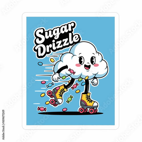 A cartoon cloud character wearing roller skates and adorned with colorful candies is in motion candy