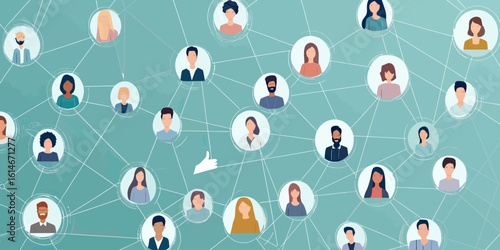 Diverse group of connected people network with abstract social interaction lines and communication concept in flat vector style illustration